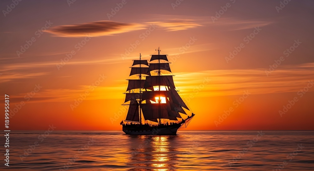 Obraz premium Majestic Sailing Ship at Sunset with Silhouette on the Ocean, Dramatic Sky, and Golden Hour.