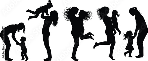 Woman and child playful bonding silhouette illustration collection featuring lifting, running, holding hands, and joyful poses for family, motherhood, love, care, and design projects
