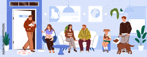People with pets queue in vet clinic. Owners with dogs and cats are waiting for veterinary appointment. Characters with animals sit in line to veterinarian in reception room. Flat vector illustration.