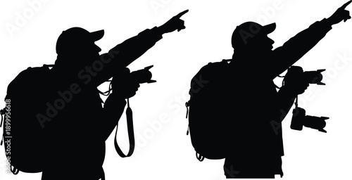 Photographer travelers silhouette illustration collection featuring people with backpacks and cameras pointing forward for outdoor photography, adventure, exploration, travel, and design projects
