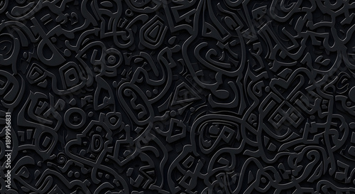 Wallpaper Mural A dark abstract surface design with deeply layered organic and geometric forms, embossed relief texture, flowing lines and carved symbols, matte black and charcoal palette with subtle highlights, Torontodigital.ca