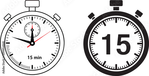 Minimal black stopwatch symbol representing fifteen minutes, isolated transparent background for timing and speed design eps