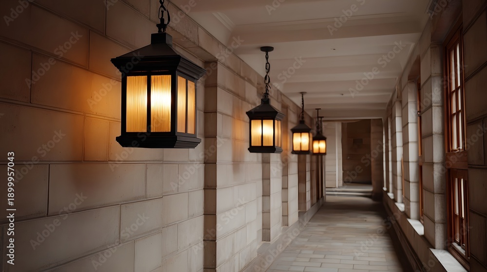 Obraz premium Overhead fixtures casting a warm glow in a long stone corridor with arched