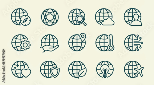Global connectivity, technology, environment, and travel outline icons