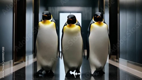 Group of Emperor Penguins Acting as Corporate Executives in Reflective Hallway. Low Angle Tracking Shot of Professional Penguins Walking in Modern Glass Business Environment.