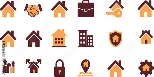 Real Estate and Property Service Icon Set with Houses, Handshake, Keys, Security, Buildings, and Home Management Symbols for Real Estate and Business Design