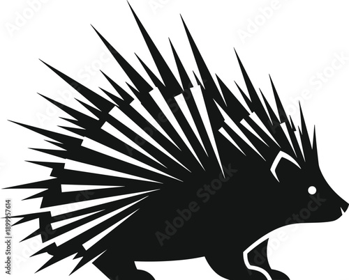 Porcupine silhouette illustration with sharp quills, black and white animal artwork, defensive nature design concept, wildlife, zoology, and artistic expression