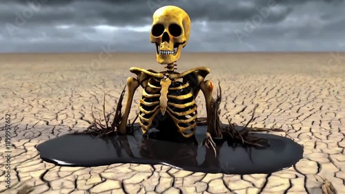 Human skeletal chest with gears pumping black ichor into the soil. Surreal wasteland with skeletal vines and dark biomechanical fusion.