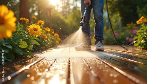 Man uses pressure washer on wooden deck in sunny garden with flowers. Water spray cleans wood surface outdoors. Springtime home refresh, outdoor space maintenance.
