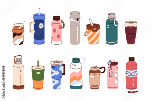 Set of different termoses and thermo mugs. Plastic and metal tumblers for hot drinks. Bottles, cups and containers for tea and coffee takeaway. Flat isolated vector illustrations on white background.