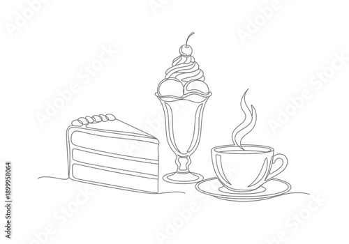 Minimalist line drawing of a slice of cake, an ice cream sundae, and a steaming cup of coffee