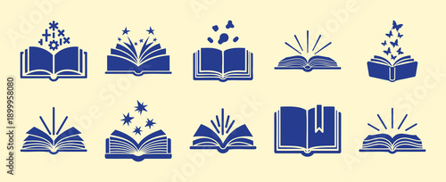 Collection of Open Books with Stars, Butterflies & Rays of Light - Flat Design Vector Illustration
