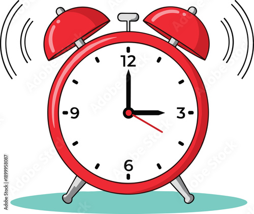 Red alarm clock ringing illustration, wake up reminder, time management concept, punctuality schedule vector design