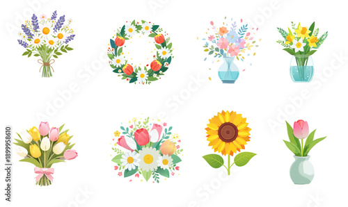 Spring Floral Bouquet & Vase Illustration Set — Flat Pastel Flower Designs