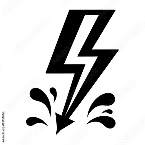 Black lightning bolt vector icon striking down with dynamic splash effect isolated on white background, symbolizing high voltage energy, electrical power, sudden impact, and danger.