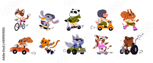 Cute animals riding different transport set. Anthropomorphic cats, dogs and rabbits drive a car, bike, bicycle, scooter and skate on skateboard. Flat isolated vector illustrations on white background.