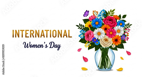 International Women's Day 8th March Celebration With Floral Bouquet And Butterflies On White Background