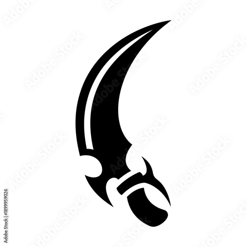 Stylized black silhouette of a curved fantasy dagger with a sharp crescent blade and ornate hilt, isolated on a white background for gaming icons, tattoo inspiration, and RPG weapon design.