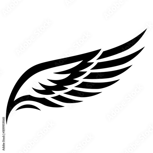 Stylized Black Wing Graphic Element for Logo Design and Tattoo Art, Minimalist Bird Wing Silhouette Isolated on White Background, Sharp Feathered Wing Vector Illustration for Branding.