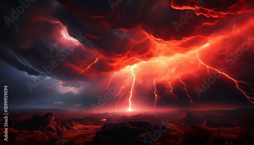 a dramatic red lightning strike illuminating dark stormy clouds