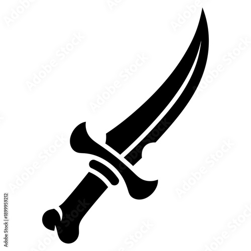 Black silhouette of a curved scimitar dagger isolated on a white background, minimalist vector icon for gaming, fantasy, or historical themes, bold graphic style with sharp edges.