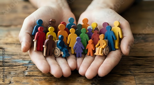 Protective hands holding diverse colorful paper people figures representing community support, inclusion, teamwork and social unity concepts.