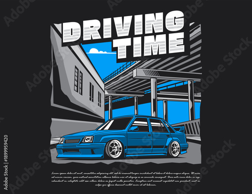 Retro Blue Vector Illustration Capturing Modified 90s Car Parked Under Overpass