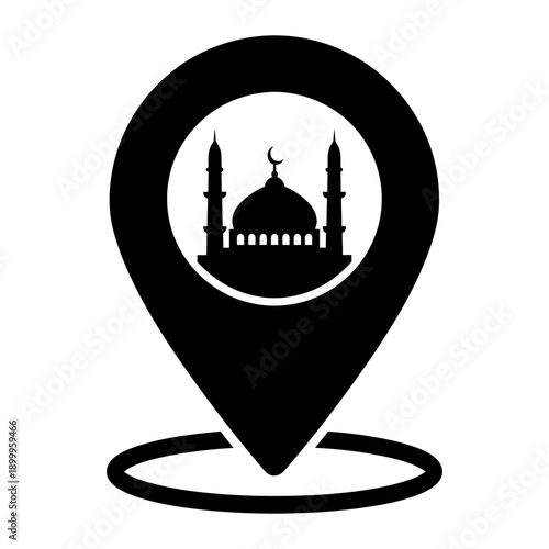 Black silhouette icon of a mosque building with minarets and a crescent moon, placed inside a GPS map pointer pin, symbolizing the location of Islamic worship centers or religious landmarks.
