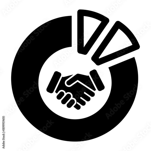 Business handshake icon inside pie chart representing market share partnership, financial agreement and corporate deal, minimalist black silhouette vector illustration for investment concepts