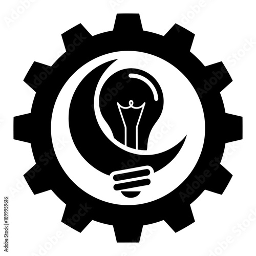 Minimalist black gear and lightbulb icon with crescent moon shape symbolizing continuous innovation, night shift engineering, and creative technical solutions isolated on white background