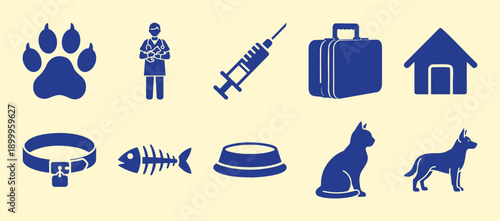 Veterinary Icons: Paw, Vet, Syringe, Suitcase, House, Collar, Fishbone, Bowl, Cat, Dog Vector Illustration
