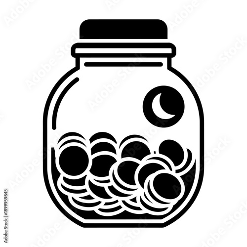 Black and white vector icon depicting a glass jar filled with stacked coins, symbolizing financial savings, wealth accumulation, and future investment planning in a flat glyph style.