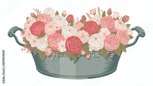 Floral Valentine Dish in Vintage Metal Container, Elegant Vector Illustration