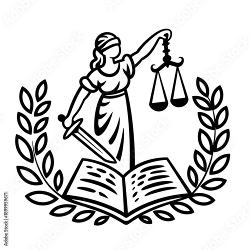 A vector graphic illustration of Lady Justice holding scales and sword