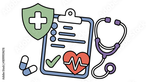 A medical clipboard with a stethoscope and pills on a clean background