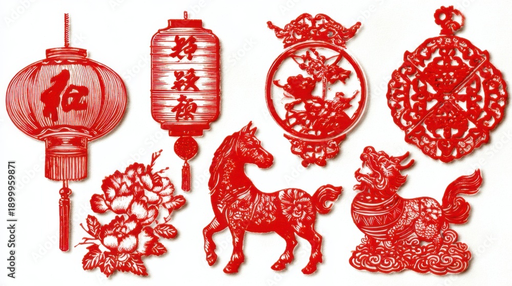 Fototapeta premium Red Chinese paper-cut decorations showing lanterns, peony florals, a horse and a mythical guardian figure, typical of Lunar New Year festive art.