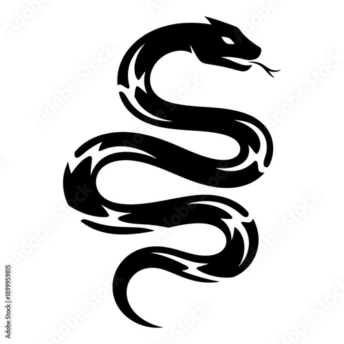Stylized Tribal Snake Silhouette Coiling with Flicking Tongue, Minimalist Black Vector Graphic Isolated on White Background, Aggressive and Powerful Serpent Design for Tattoos and Logos.