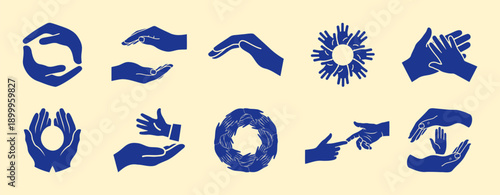 Blue Hands Gestures Collection Vector Illustration Flat Design with Caring and Support Symbols