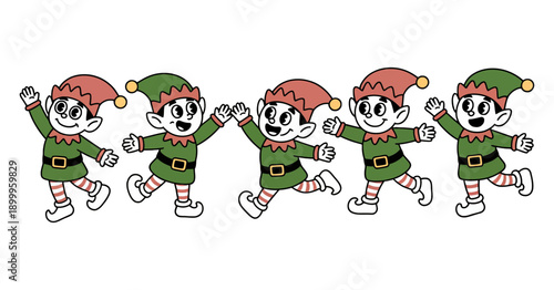 A vector graphic illustration of five cartoon elves dancing in a row