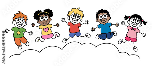 A colorful illustration of diverse children jumping on clouds with smiles