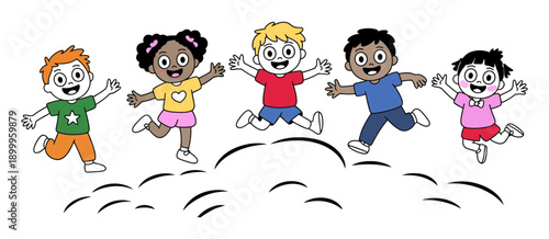 A colorful illustration of happy children jumping in the air together