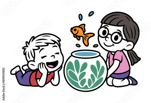 A vector illustration of two happy children playing with a goldfish