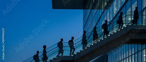 Panel kuchenny z motywem Modern office building with silhouettes of business people walking on glass walkway bridge against blue sky for corporate architecture concepts.
