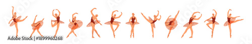 Set of abstract ballerina in different poses. Ballet dancer in various positions. Talented girl performs in studio. Happy woman in tutu dances. Flat isolated vector illustrations on white background.
