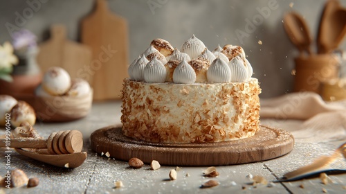 Wallpaper Mural Italian cream cake presented on wooden cake board, bakery counter environment, professional baking vibe Torontodigital.ca