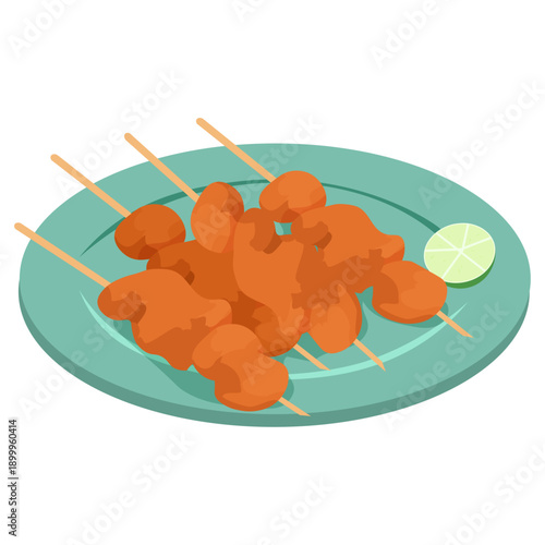 Thai Pork Satay Skewers Street Food Vector
