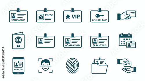 ID Card, Passport, and Biometric Recognition Vector Icons Set