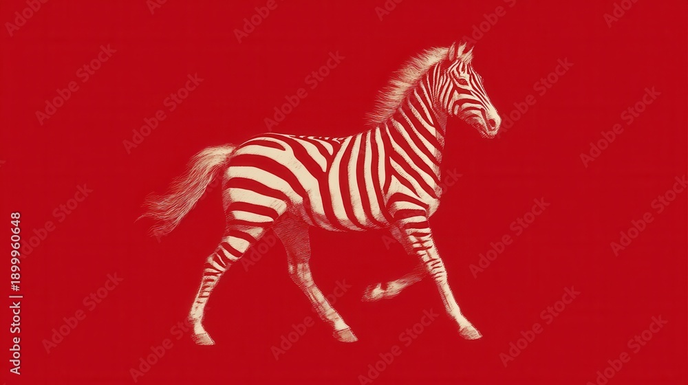 Fototapeta premium Red minimalist illustration of a zebra in motion with bold white stripes on a solid red background.