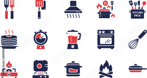 Cooking and Kitchen Icon Set with Utensils, Stove, Oven, Blender, Timer, Fire, and Food Preparation Symbols for Recipes and Culinary Design