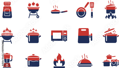 Cooking and Kitchen Icon Set with Pots, Pans, Grill, Stove, Utensils, and Hot Food Preparation Symbols for Recipes, Restaurants, and Culinary Design